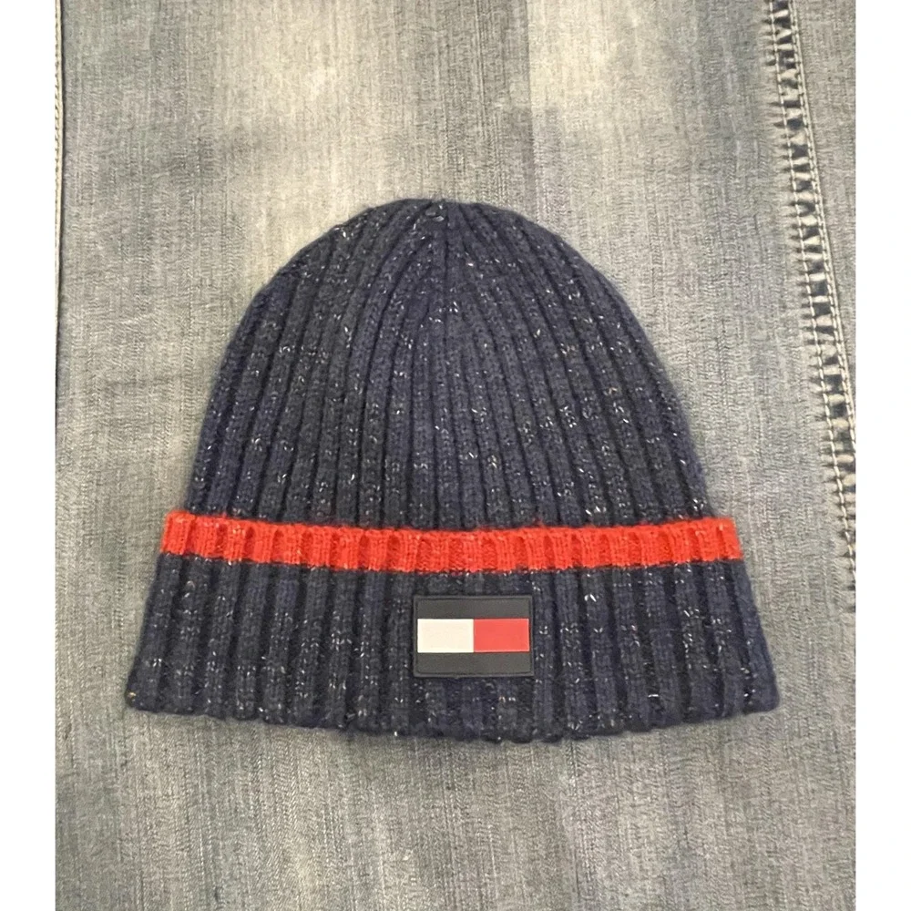 Tommy Hilfiger Hat Beanie Fitted Mens Navy Red Ribbed Knit Logo Winter Speckled